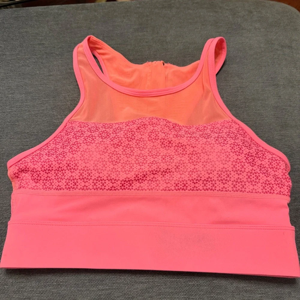 Zyia Active Neon Pink Coral Laser Cut Mesh High Neck Sports Bra One More‎ Rep